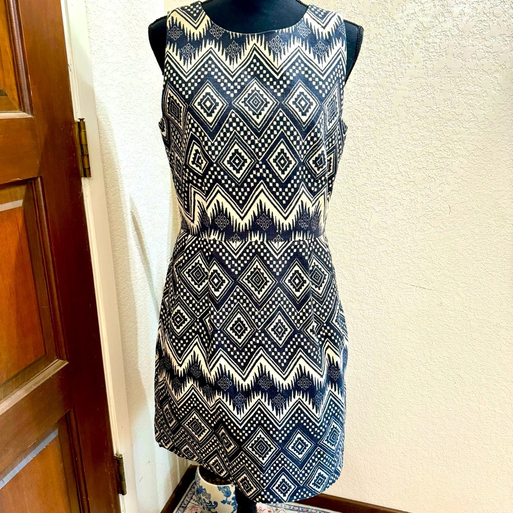 Cream and black sleeveless knee length crewneck sheath dress by J. Crew